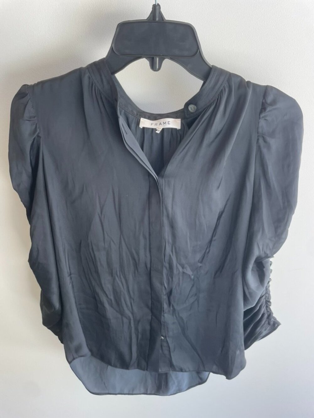 FRAME Black Puff Sleeve Blouse Gathered Neck Top Size Small